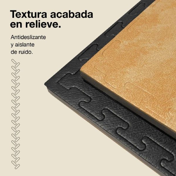 Tatami Puzzle 2,5cm 100x100cm Densidad Superior - Superficie Antideslizante Texturizada, reversible Madera/Negro | Textura Antideslizante
