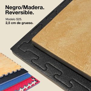 Tatami Puzzle 2,5cm 100x100cm Densidad Superior - Superficie Antideslizante Texturizada, reversible Madera/Negro | Color Reversible