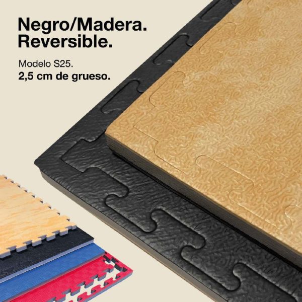 Tatami Puzzle 2,5cm 100x100cm Densidad Superior - Superficie Antideslizante Texturizada, reversible Madera/Negro | Color Reversible