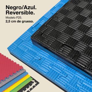 Tatami Puzzle 2,5cm 100x100cm - Superficie Antideslizante F, reversible Azul/Negro | Color Reversible