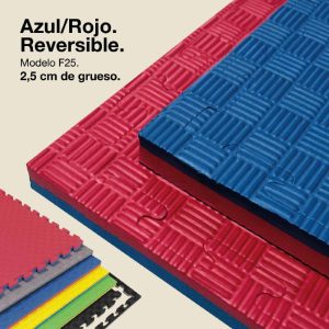 Tatami Puzzle 2,5cm 100x100cm - Superficie Antideslizante F, reversible Azul/Rojo | Color Reversible
