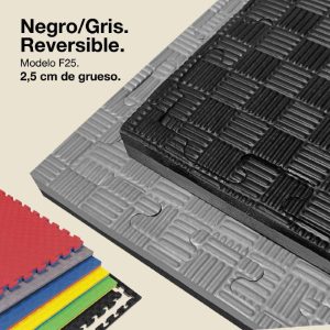 Tatami Puzzle 2,5cm 100x100cm - Superficie Antideslizante F, reversible Gris/Negro | Color Reversible