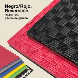 Tatami Puzzle 2,5cm 100x100cm - Superficie Antideslizante F, reversible Negro/Rojo | Color Reversible