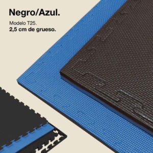Tatami Puzzle 2,5cm 100x100cm - Superficie Antideslizante T, reversible Azul/Negro | Color Reversible