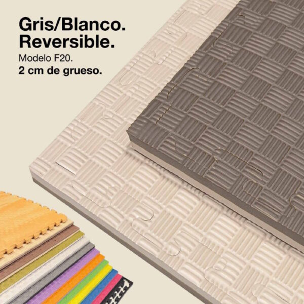 Tatami Puzzle 2cm 100x100cm - Superficie Antideslizante F, reversible Gris/Blanco | Color Reversible