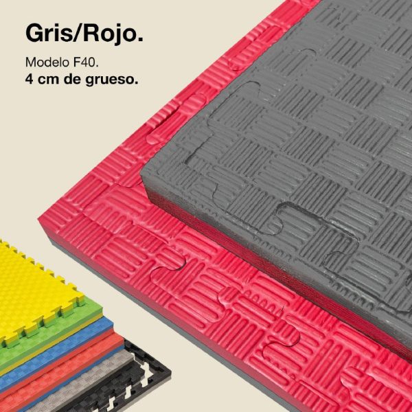 Tatami Puzzle 4cm 100x100cm - Superficie Antideslizante F, reversible Gris/Rojo | Color Reversible