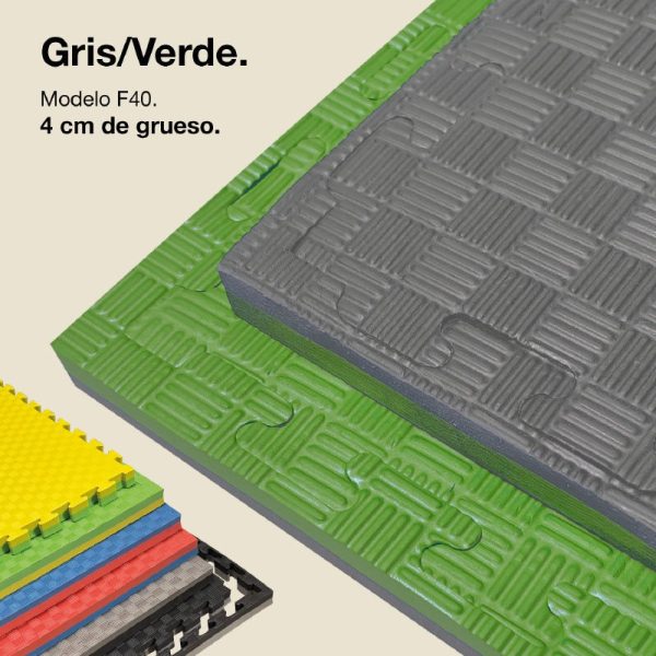 Tatami Puzzle 4cm 100x100cm - Superficie Antideslizante F, reversible Gris/Verde | Color Reversible